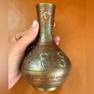 Vintage Etched Brass Vase | Red + Green Enamel | Boho Home Accent